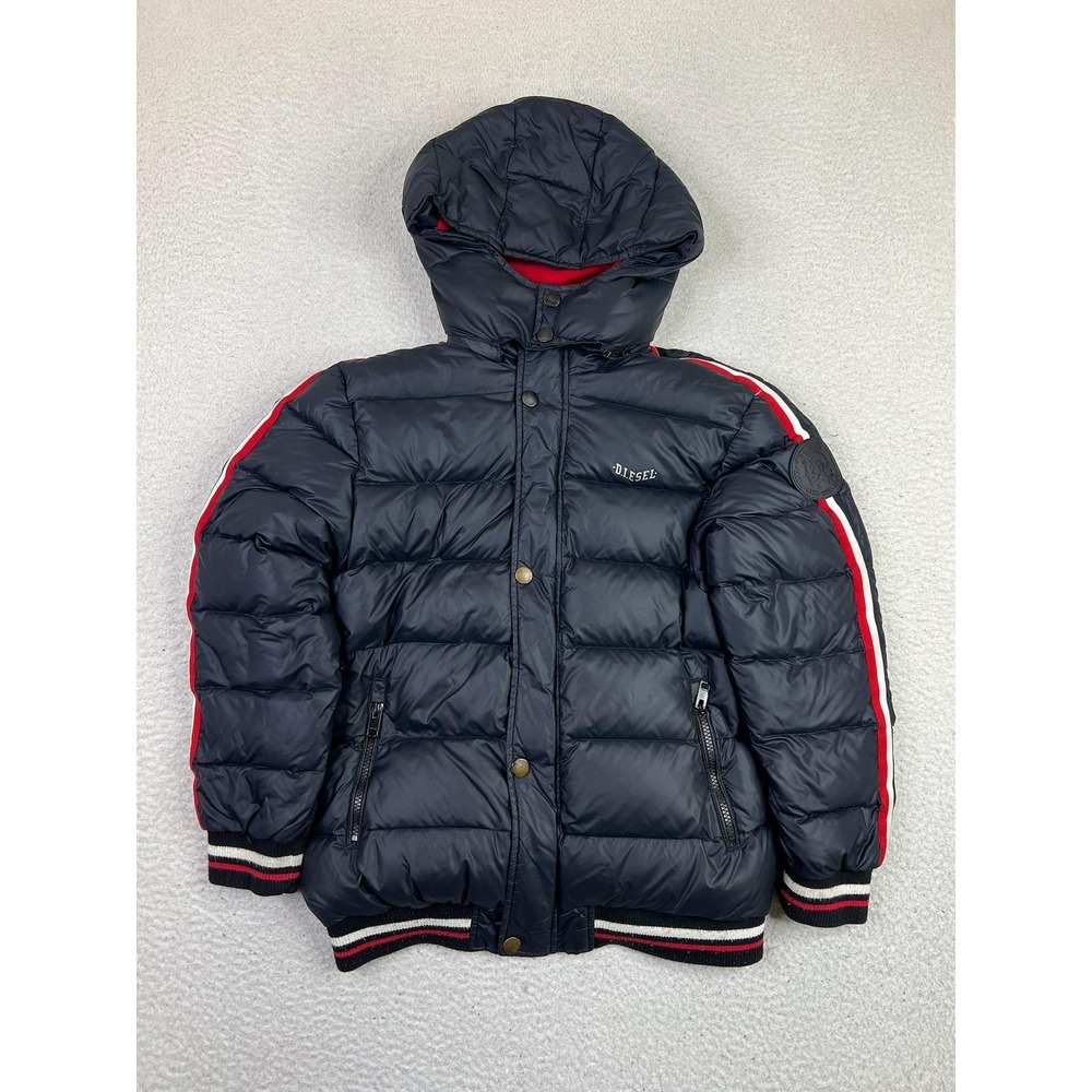 Diesel Puffer Jacket Boys 16 Black Hooded Down Striped Sleeves Zip Pockets Warm